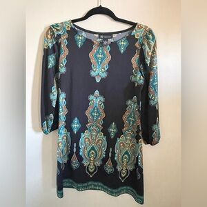 INC medium Black Teal Brown Stretch 3/4
Sleeve Short Shift Dress